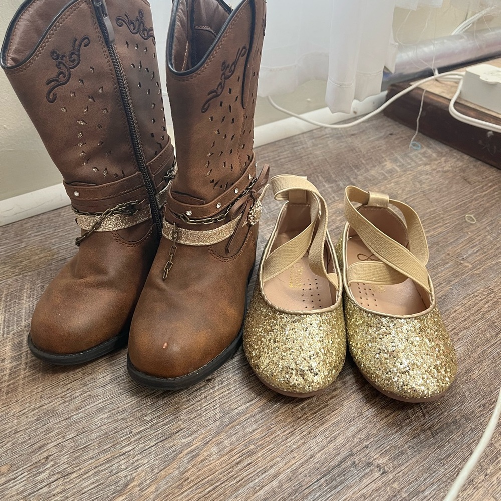 Brown Western Boots and Gold Glitter Ballet Flats